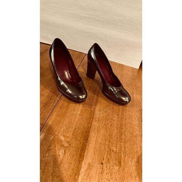 Coach Brown Bronze Block Leather Heels Round Toe Womens Size 8 - Picture 1 of 12